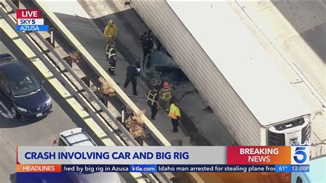 Car crushed by big rig in Azusa